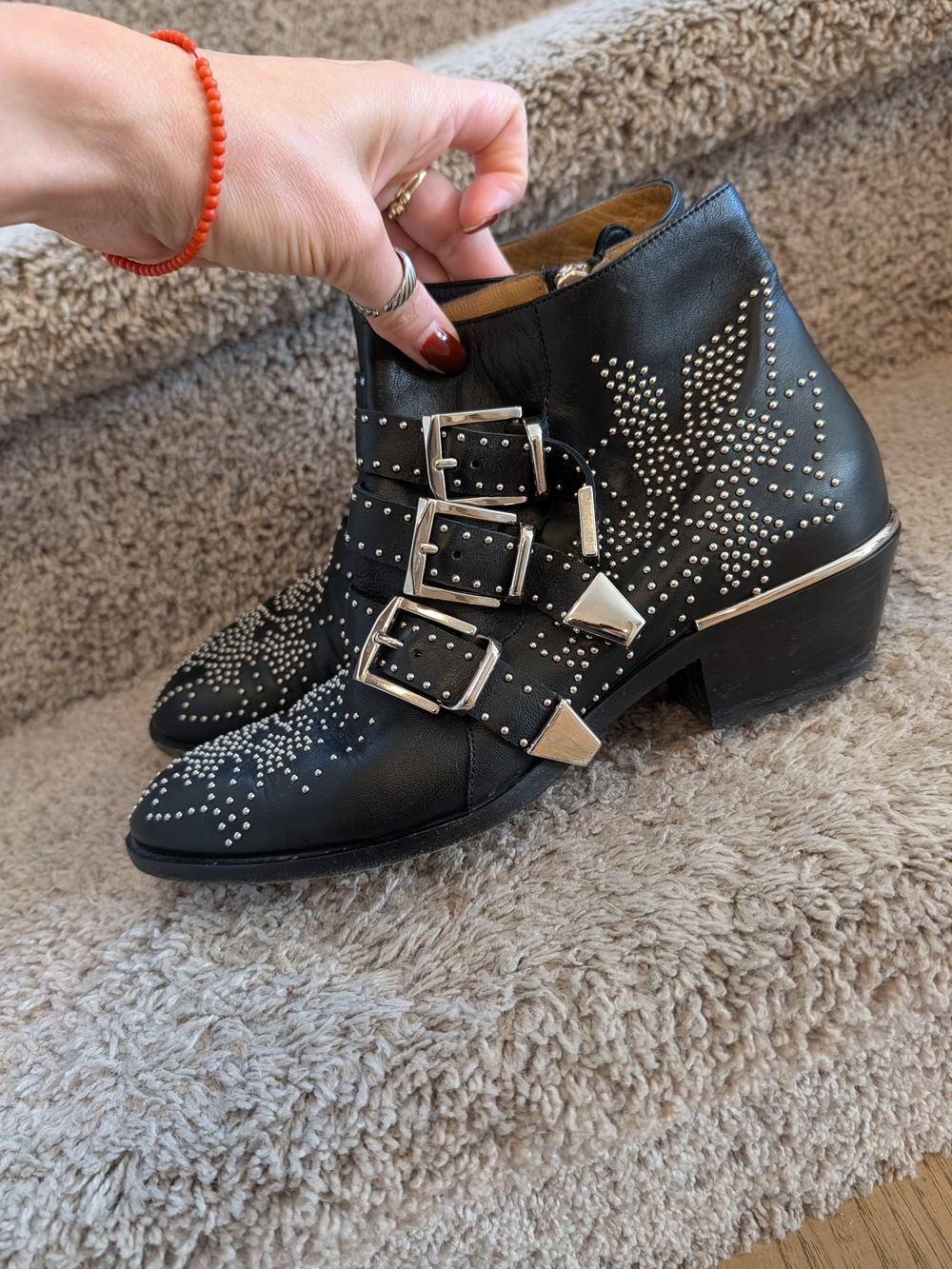 Chloe Susanna Black Studded Triple-Buckle Ankle Booties - SO COOL 🤩